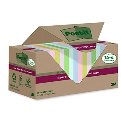 Abbildung von Post it Super Sticky 100 % Recycling Notes, 14+4 GRATIS Blöcke/Packung, 70 Blätter pro Block, 76 mm x mm, Pink, Grün, Blau, Violett, Gelb Extra starke Haftnotizen aus Recyclingpapier