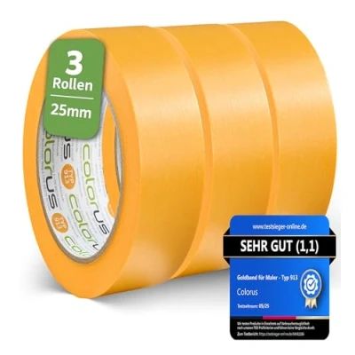 Abbildung von Colorus 3 x Profi Maler Goldband 25 mm 50 m Soft Tape Klebeband Malerband Für scharfe Kanten beim Streichen und lackieren glatte leicht strukturierte Untergründe