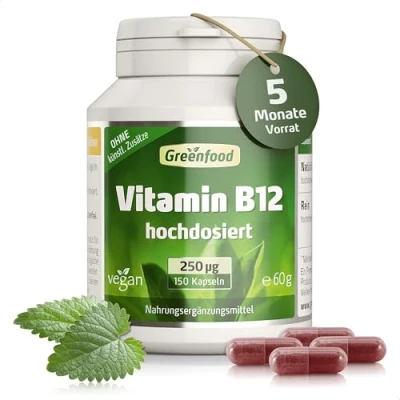 Abbildung von Vitamin B12 Hochdosiert mit 250mcg pro Tag (150 vegane Kapseln) Unterstützt Energie, Nervensystem und Blutbildung natürlich ohne Zusätze, Gentechnik, laborgeprüft Greenfood