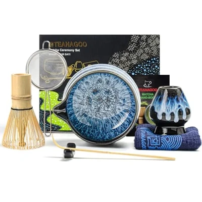 Abbildung von TEANAGOO Matcha Set, Besen, Schale with Ausgießer (Chawan), Junware Blau, Teeset für Frühstück/Latte, Geschenk Liebhaber, Besen und mit allem Zubehör