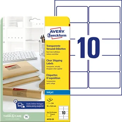 Abbildung von AVERY Zweckform J4722 25 Versandetiketten/Versandaufkleber (250 Etiketten, 96x50,8mm auf A4, bedruckbar, selbstklebend, für Inkjet Drucker, DIN B4/C4 Umschläge) Blatt, transparent