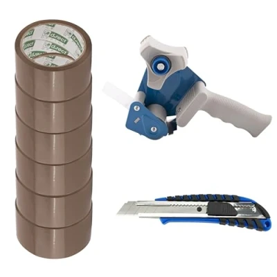 Abbildung von D.RECT Klebeband Handabroller mit 6 braunen Paketklebeband Rollen 50m x 48mm inklusive Packband, Cuttermesser Klinge 18mm gummiertem Griff, Braun