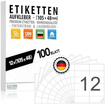 Abbildung von 1200 Stück Adressaufkleber 105 x 48 (12 pro DIN A4 Bogen), Adressetiketten bedruckbar mit Inkjet und Laserdrucker Aufkleber, Drucker Etiketten MADE IN GERMANY