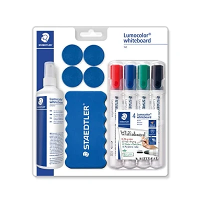 Abbildung von STAEDTLER Whiteboard Set Lumocolor, praktische Grundausstattung für Whiteboards mit Marker, Wischer, Reinigungsspray und Haftmagneten, hohe Qualität Made in Germany, 613 S