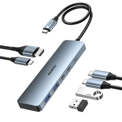 Abbildung von BENFEI 6 in 1 USB C HUB mit HDMI 4K@60Hz/100W PD Stromversorgung/ 2*USB A und 10Gbps [Silikonkabel Aluminiumgehäuse] kompatibel iPhone 15 Pro/Max MacBook iPad Pro iMac S23 XPS17
