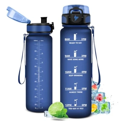 Abbildung von Trinkflasche 1L, mit Zeitmarkierung und Filter, Auslaufsicher Wasserflasche Kohlensäure Geeignet für Fahrrad, Schule, Maedchen, Sport