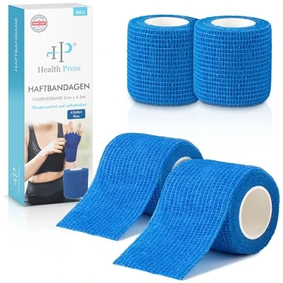 Abbildung von Selbstklebender Verband 4x Pflaster Rolle Blau (5,0cm x 4,5m) Original Health Press Verbandsmaterial Elastische Bandage Haftbandage selbstklebend