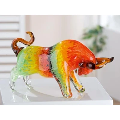 Abbildung von GILDE Glas art Deko Figur Stier Tierfigur Skulptur handgefertigt massives, durchgefärbtes Geschenk und Dekoration Mehrfarbig Breite 30 cm