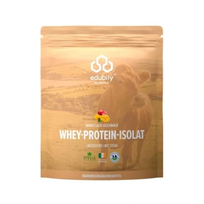 Abbildung von edubily nutrition® Whey Protein Isolat Laktosefrei Sehr gut lösliches Eiweißpulver ohne Kohlenhydrate &amp; Zucker Aus irischer Weidehaltung 750 g (Mango Lassi mit Stevia)