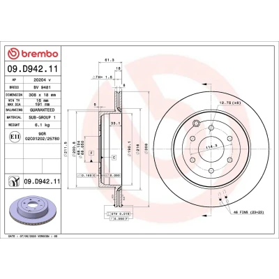 Abbildung von BREMBO 09.D942.11 Bremsscheibe 308 18 6 innenbelüftet beschichtet NISSAN: NP300 Navara Pickup, MERCEDES BENZ: X Class