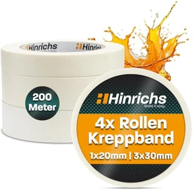 Abbildung von Hinrichs Kreppband 4x Abklebeband 3 Rollen 50m x 30mm + 1 Rolle 20mm Maler Klebeband zum Streichen und Lackieren Abdeckband für Malerarbeiten Malerkrepp Renovierung &amp; Auto