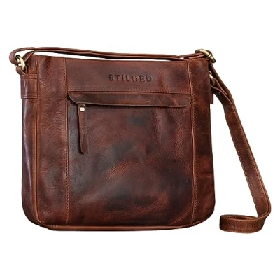 Abbildung von STILORD &#039;Terra&#039; Ledertasche Damen Umhängetasche Vintage Handtasche für Frauen Klassische Schultertasche Freizeittasche zum Umhängen Echtleder, Farbe:porto cognac