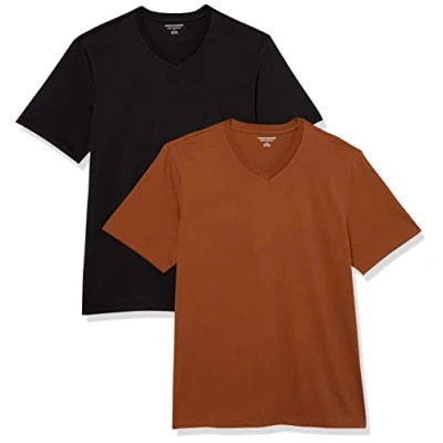 Abbildung von Amazon Essentials Herren Kurzärmliges T Shirt mit V Ausschnitt in normaler Passform (in Übergrößen erhältlich), 2er Pack, Schwarz/Braun, XS