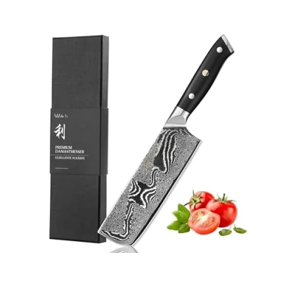 Abbildung von Wakoli Nitoko Damastmesser Nakiri Messer 17 cm Klinge aus 67 Lagen echtem Damaststahl, G10 Griff, durchgehender Erl Premium Damast Küchenmesser und Profi in Geschenkverpackung