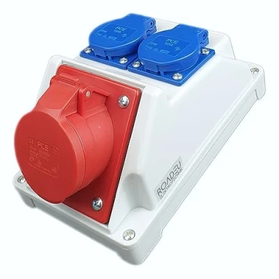 Abbildung von RoadEu Kombi Wandsteckdose 16A 5P Wandverteiler mit 2x Schuko 230V Stromverteiler IP44 Innen und Außen Baustromverteiler PCE Steckdosen