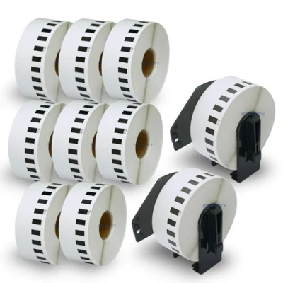 Abbildung von BETCKEY 10 Rollen DK 22210 Endlosetiketten (Papier) Kompatibel mit Brother, 29mm x 30.48m, Etiketten für Brother QL Etikettendrucker (2 Wiederverwendbare Etikettenhalter)