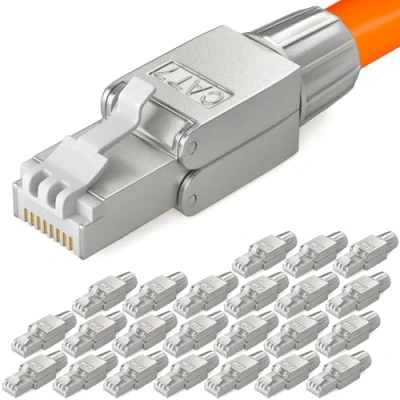 Abbildung von HB DIGITAL 24x CAT 7 RJ45 Stecker Netzwerkstecker für starre LAN Kabel Verlegekabel Ethernet werkzeuglos LSA 10 Gbit/s AWG 22 24 vollgeschirmt STP 50μ vergoldete Kontakte