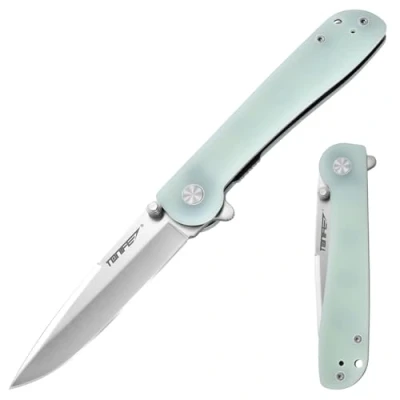 Abbildung von TONIFE Guidingstar Klappmesser mit Taschenclip, Rutschfeste EDC Einhandmesser, 8Cr14MoV Klinge und G10 Griff für Outdoor Camping Messer (Transparent Cyan + Satin)