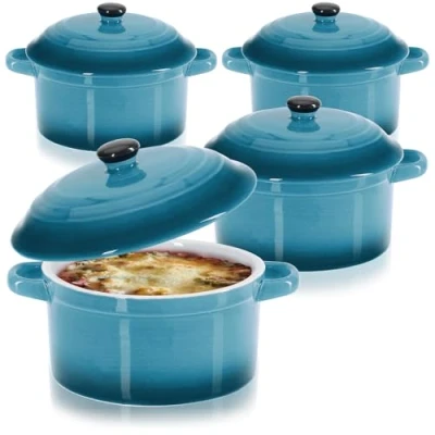 Abbildung von com four® 4x Auflaufform mit Deckel aus Keramik Dessertschale für Crème Brûlée Mini Schmortopf Ragout fin und Würzfleisch blau, ca. 250/175 ml je Form (4 Stück blau)