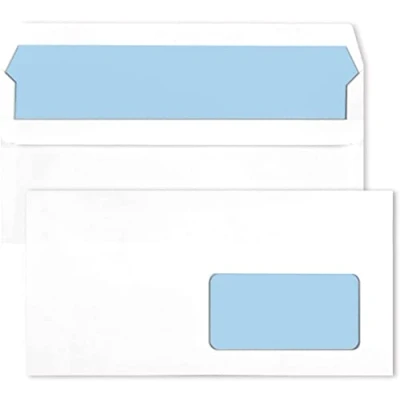 Abbildung von Netuno 100 weiße DIN lang Umschläge mit Fenster rechts 110x 220 mm 80g Briefumschläge weiß blauem Innendruck gerade Klappe selbstklebend Fensterbriefumschläge DL