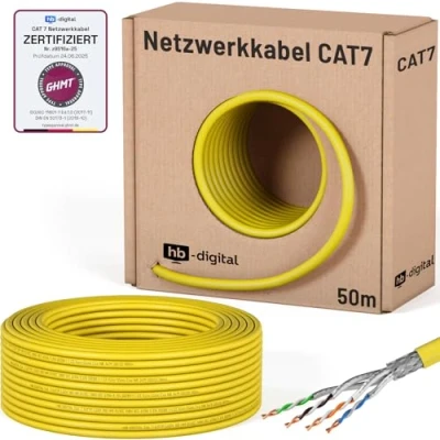 Abbildung von HB DIGITAL 50m CAT.7 Netzwerkkabel LAN Kabel Verlegekabel AWG 23 Reines Kupfer S/FTP PiMF LSZH Halogenfrei RoHS Compliant Ethernet Installationskabel Datenkabel PoE 10Gbit/s GHMT Zertifiziert Gelb