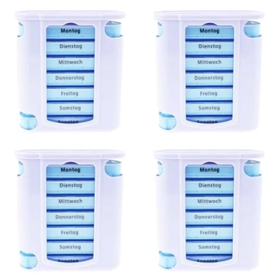 Abbildung von KAMACA 4 er Pack (= Stück) praktischer Medikamentendosierer 28 Tage mit Fächern pro Tag, Pillendose,Pillenbox, Tablettenbox, Wochendosierer 1 Monat (4er Set Wochen)