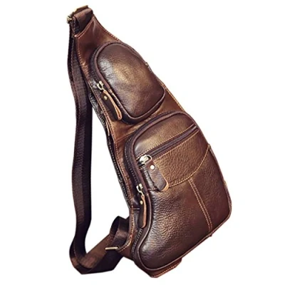 Abbildung von Xieben Leder Schultertasche Sling Brusttasche Crossbody Pack für Herren Damen Reisen Draussen Beiläufig Schulter Tasche Rucksack Tagesrucksack Kaffee