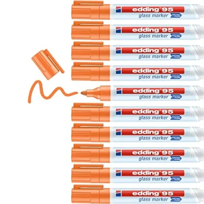Abbildung von edding 95 Glasmarker orange 10 Stifte Rundspitze 1,5 3 mm zum Schreiben und Markieren auf Glasoberflächen wie Fenster, Glasboards, Whiteboards trocken abwischbar