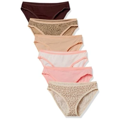 Abbildung von Amazon Essentials Damen Bikinihose aus Baumwolle (in Übergröße erhältlich), 6er Pack, Leopardenmuster/Mehrfarbig/Streifen/Tiermuster, 46