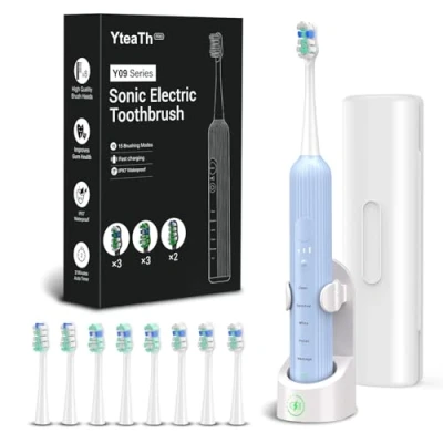 Abbildung von Elektrische Zahnbürste, Schallzahnbürste für Erwachsene und Kinder, Electric Toothbrush mit 5 Putzmodi 3 Intensitätsstufen Integrierter Timer 8 Zahnbürstenköpfen, Reiseetui, Hellblau