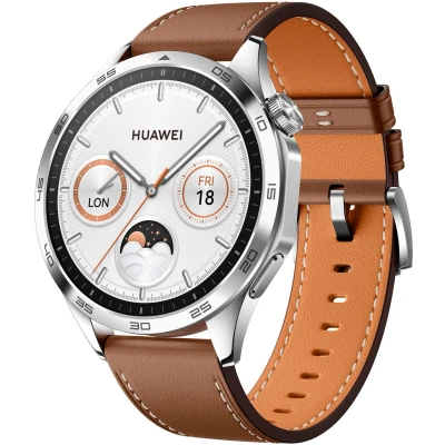 Abbildung von Huawei Watch GT 4 46Mm Silber (Bruine Leren Armband)