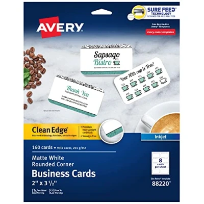 Abbildung von Avery Clean Edge bedruckbare Visitenkarten mit Sure Feed Technologie, abgerundete Ecken, 5,1 x 8,9 cm, weiß, 160 leere Karten für Tintenstrahldrucker (88220)