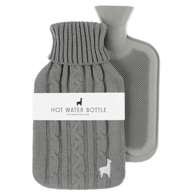 Abbildung von Nordstern Premium Wärmflasche mit weichem Strickbezug Auslaufsichere Wärmeflasche zur Schmerzlinderung, Bettflasche aus Naturkautschuk für Kinder und Erwachsene Grau
