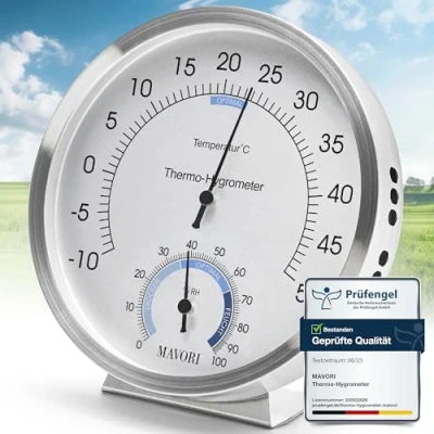 Abbildung von MAVORI® 2in1 Thermometer &amp; Hygrometer aus Edelstahl Analog Luftfeuchtigkeitsmesser Raumthermometer innen für Ihr gesundes Raumklima Ø 12,5cm