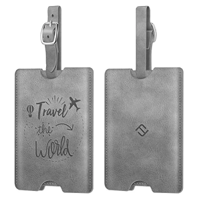 Abbildung von Fintie Kofferanhänger aus Kunstleder, [2 Stück] Gepäckanhänger ID Etikett mit Adressschild Namenschild für Reisetasche Koffer, Vintage Grau