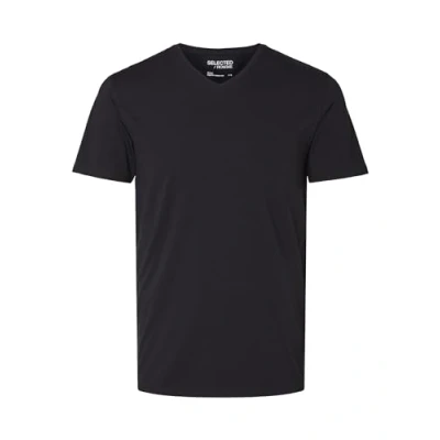 Abbildung von Herren Selected V Ausschnitt T Shirt Einfarbiges Basic Kurzarm SLHNEWPIMA Stretch Baumwolle, Farben:Schwarz, Größe:M