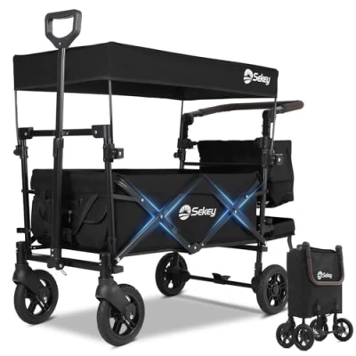 Abbildung von Sekey Bollerwagen Faltbar mit Dach 2 Kinder 100KG, Faltbarer Handwagen Schiebegriff, Kinderwagen Stoßfest PU Räder Bremsen 110L, SS5050, Schwarz