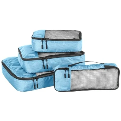 Abbildung von Amazon Basics Packwürfel Set für Koffer, Reise Organizer, Reißverschluss, 4 Teilig, Groß, Mittelgroß, Klein, Schmal, Himmelblau
