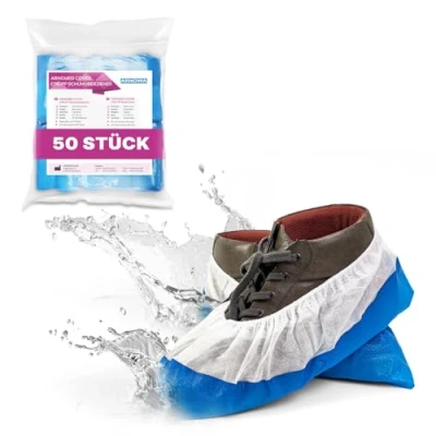 Abbildung von 50x ARNOMED Schuhüberzieher Einweg Blau/Weiß, Überziehschuhe mit wasserdichter Sohle, Mehrweg CPE+PP Überzieher extra stark, Schuhschutz Überzug rutschfest 17x40cm, reißfeste Überschuhe für Baustelle