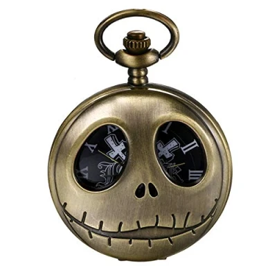 Abbildung von JewelryWe Taschenuhr Herren mit Schädel Totenkopf Skelett &amp; Kreuz Römische Ziffernblatt, Quarz Analog Uhr Kette Halskette Halloween