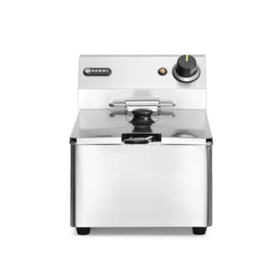 Abbildung von HENDI 205815 Fritteuse, Friteuse, Fritöse, einstellbar bis 190C, Kaltzone, mit Frittierkorb und Deckel, Entnehmbar Becken, Sicherheitsthermometer, 6L, 230V, 3300W, 265x430x(H)290mm, Edelstahl, Blau