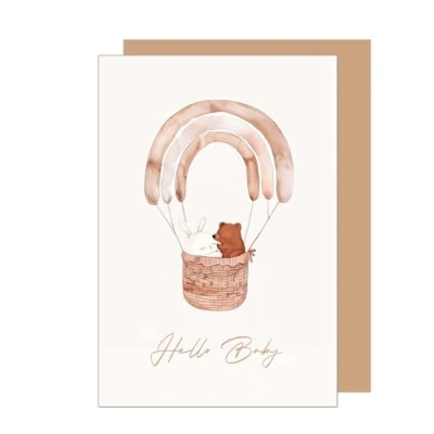 Abbildung von Edition Seidel Premium Glückwunschkarte zur Geburt mit Umschlag. Karte Grußkarte Babykarte Billet Hello Baby Junge Mädchen Kind Regenbogen Heißluftballon Hase Bär (E283 SW024)