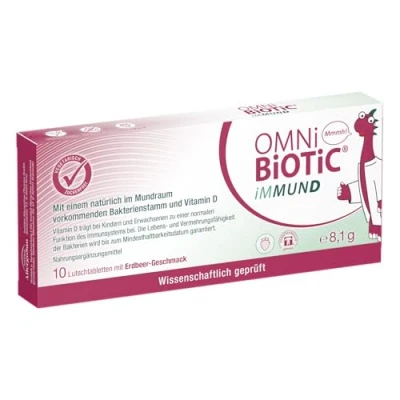 Abbildung von OMNi BiOTiC iMMUND 10 Lutschtabletten 1 Bakterienstamm Mrd. Keime pro Lutschtablette Mit Vitamin D Vegetarisch Zuckerfrei Zur täglichen Anwendung Auch für Kinder Erdbeergeschmack
