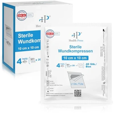 Abbildung von Health Press® Sterile Kompressen 10x10 cm 40 Wundkompressen im Set (20x2 Stück) Verbandsmaterial für Wundversorgung Mullkompressen 4 lagig Wundauflagen Steril Verband Dermatologisch Getestet
