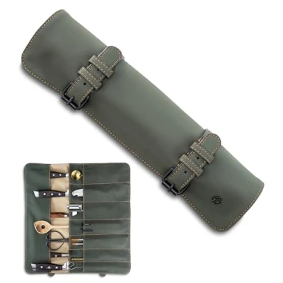 Abbildung von Angus Stoke Messertasche für Kochmesser 14 Fächer Messerrolle Köche hochwertige Rolltasche Messer Kochtasche Mathieu (Olive Grün)