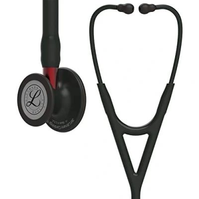 Abbildung von 3M Littmann Cardiology IV Stethoskop für die Diagnose, Black Edition Bruststück, schwarzer Schlauch, roter Schlauchanschluss und Ohrbügel, 69 cm, 6200