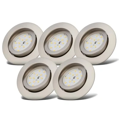 Abbildung von B.K.Licht 5er Set LED Einbaustrahler 230V dimmbar in Stufen, schwenkbar, Lochdurchmesser 68mm, Spot, flach, Deckenspots, Spots, Einbauleuchten, Einbauspots LED, 82x28 mm, Matt Nickel