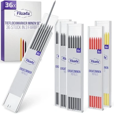 Abbildung von Filzada® 36x Tieflochmarker Minen 2,8mm in grau, gelb, rot robuste Bleistift Mine für Zimmermannsbleistift Baustellen Ersatzminen Bohrlochmarker Handwerker Bleistiftminen