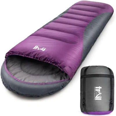 Abbildung von Trail Alpine Schlafsack Mit Kapuze Wahlweise 250 g oder 400 als 3 Jahreszeiten und 4 Leicht, Kleines Packmaß Kompressionssack (Lila)