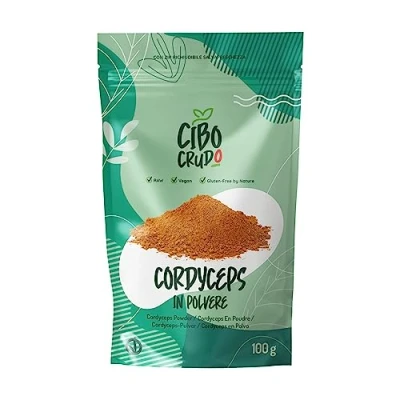 Abbildung von Cordyceps Pulver Bio 100g. Raupenpilz Sinensis. Mushroom Chinesische Raupenpilz. Vitalpilz Vegan.